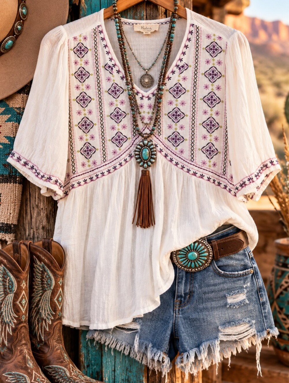 Nurture by Westbound NWT Embroidered Boho Blouse 1X 2X Southwest Western